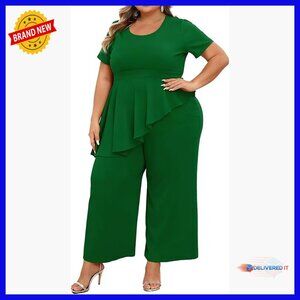 Plus Size Peplum Top & Pants Suit Set, Business Casual, Polyester Blend